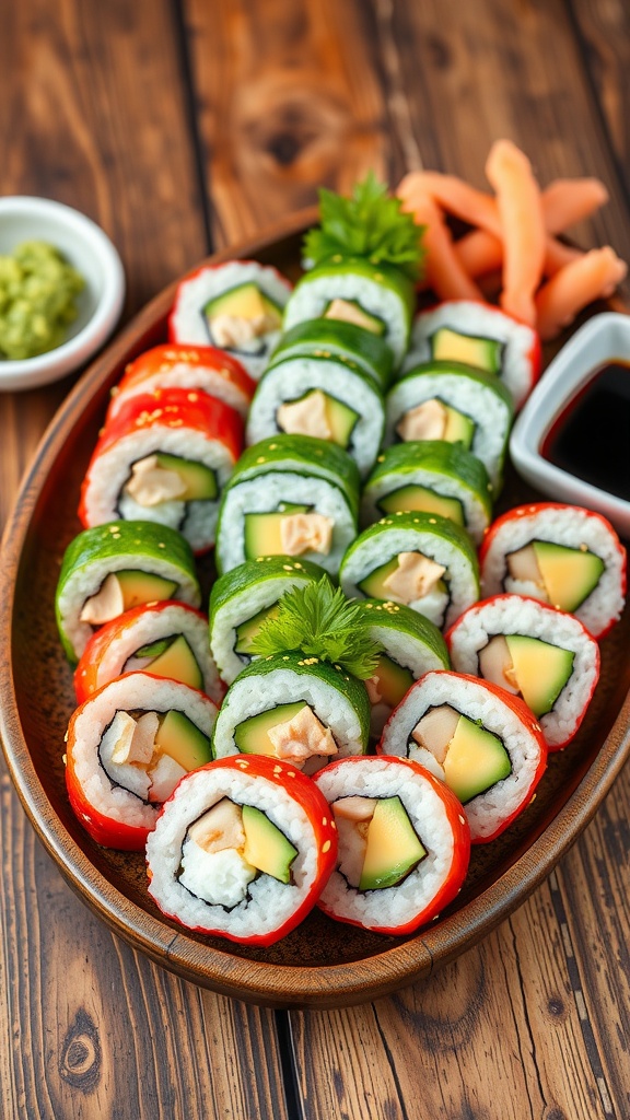 California roll sushi displayed on a plate, with avocado and crab meat, served with soy sauce and garnishes.